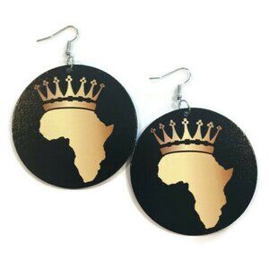 Africa Crown Gold Black Medium Statement Dangle Wood Earrings